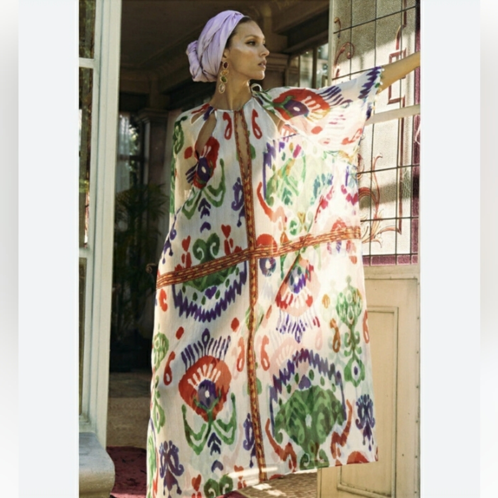 Zara Boho Long Printed Multi Color Beaded Kaftan Maxi Cover Up Dress Sz M  NWT